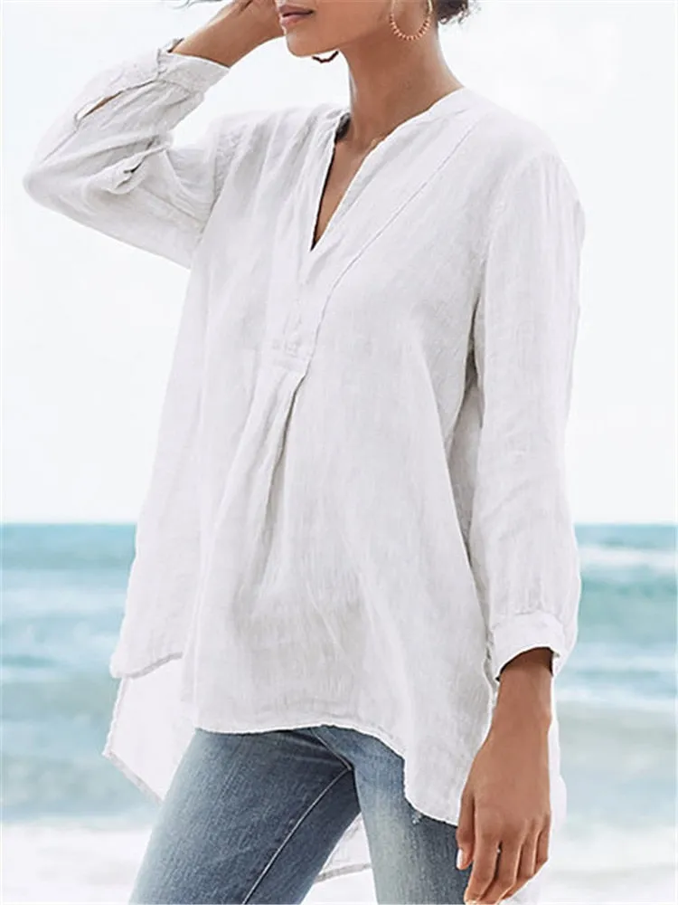 Kathy - Cotton and linen elegant V neck shirt