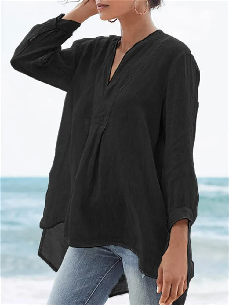 Kathy - Cotton and linen elegant V neck shirt