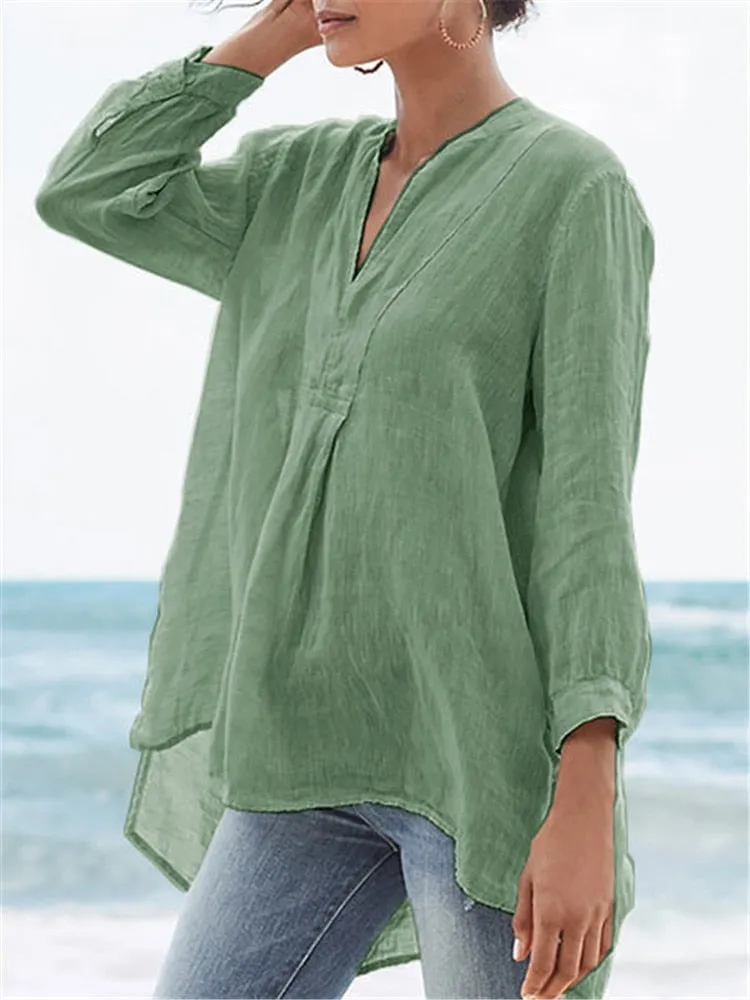 Kathy - Cotton and linen elegant V neck shirt