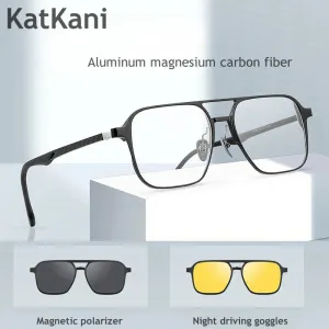 KatKani Men's Full Rim Double Bridge Square Aluminum Eyeglasses With Clip On Sunglasses 6656