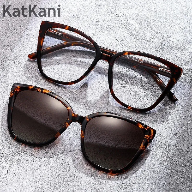 KatKani Women's Cat Eye Acetate Eyeglasses With Clip On Sunglasses 2222