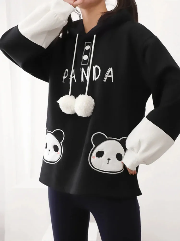 Kawaii Panda Embroidery Women Hoodies Chic Drawstring Harajuku Hooded Sweatshirts Winter Long Sleeve Female Sweet Tops