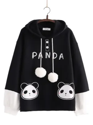 Kawaii Panda Embroidery Women Hoodies Chic Drawstring Harajuku Hooded Sweatshirts Winter Long Sleeve Female Sweet Tops