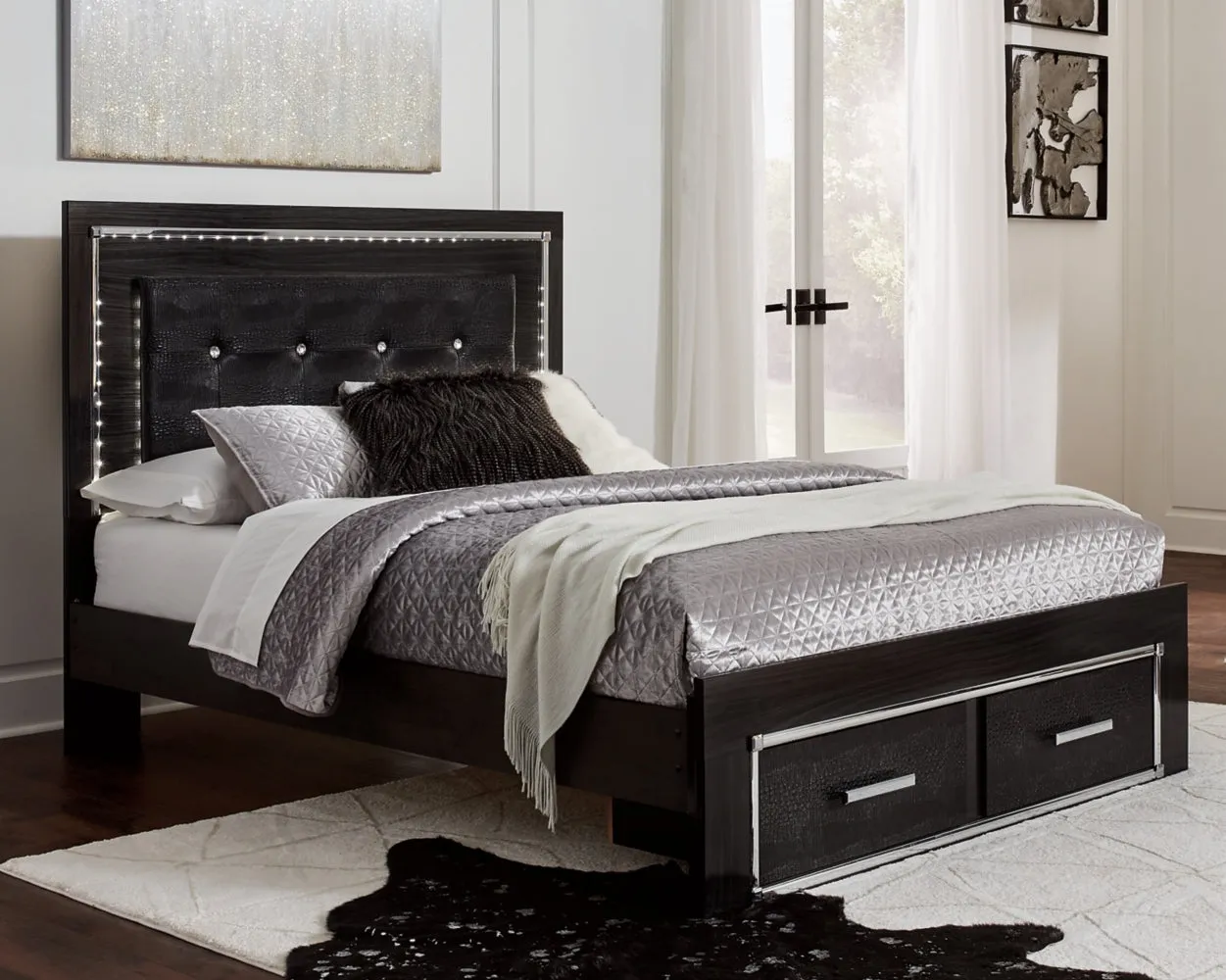 Kaydell Queen Panel Bed with Storage with Mirrored Dresser and 2 Nightstands