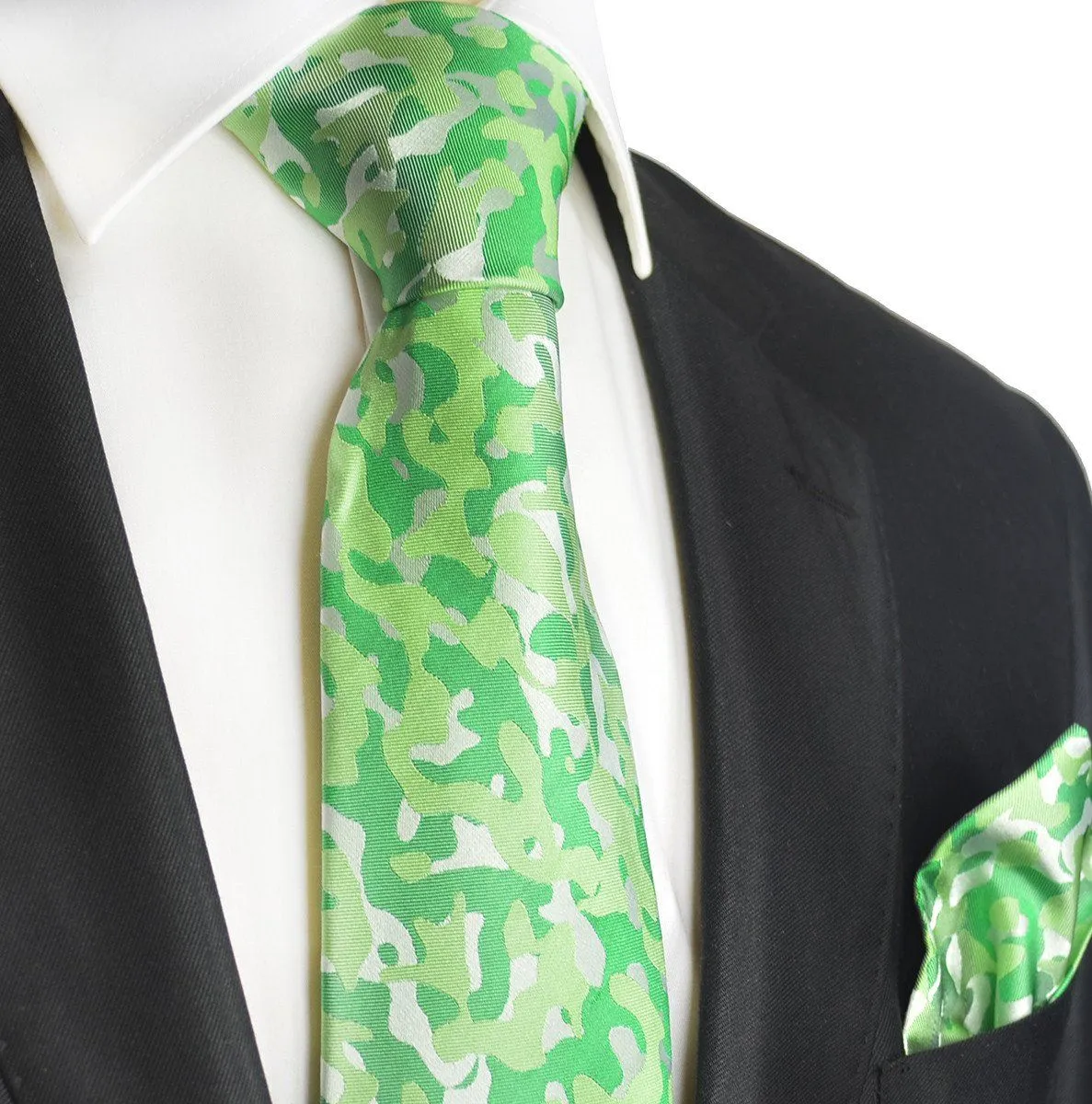 Kelly Green Camouflage Silk Tie and Pocket Square