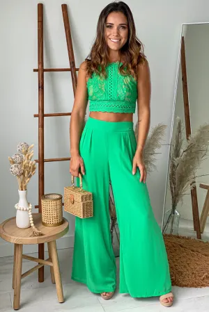 Kelly Green Pants And Lace Top Set