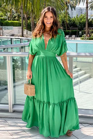 Kelly Green V-Neck Maxi Dress with Dolman Sleeves