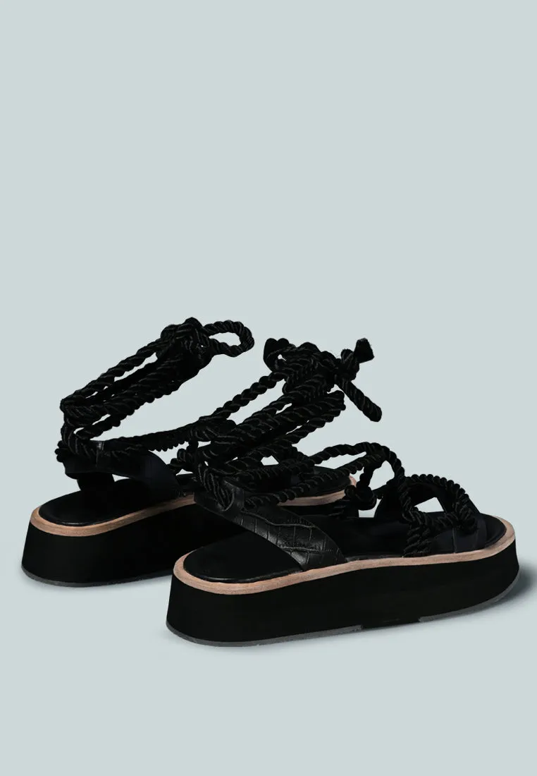 KENDALL Strings Platform Leather Sandal in Black