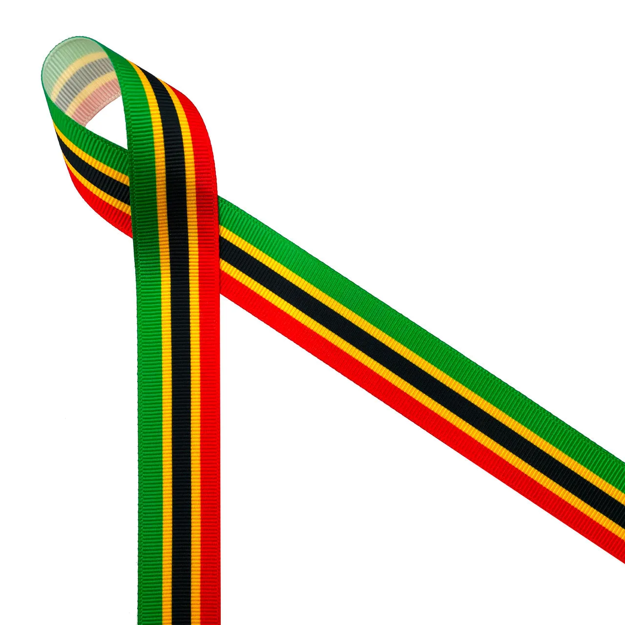 Kente Stripe ribbon in red, black, green and yellow printed on 7/8" white grosgrain