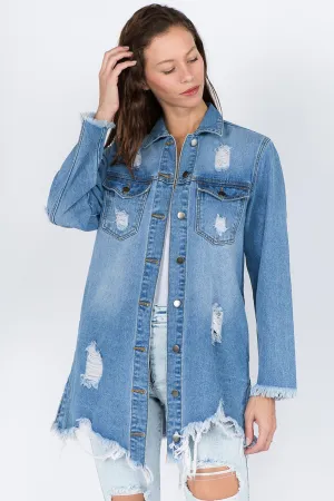 KESLEY 100% Cotton Jean Shirt  Distressed Frayed Hem Denim Jacket