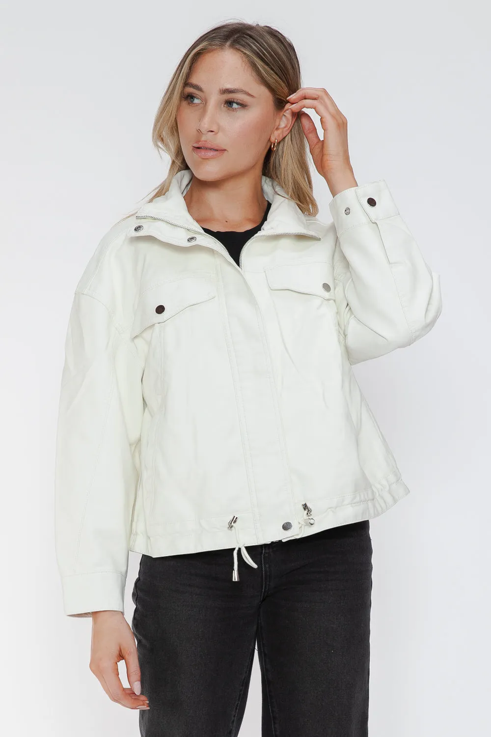 kesley How Dare U Drawstring Hem PU Leather Zip Up Jacket