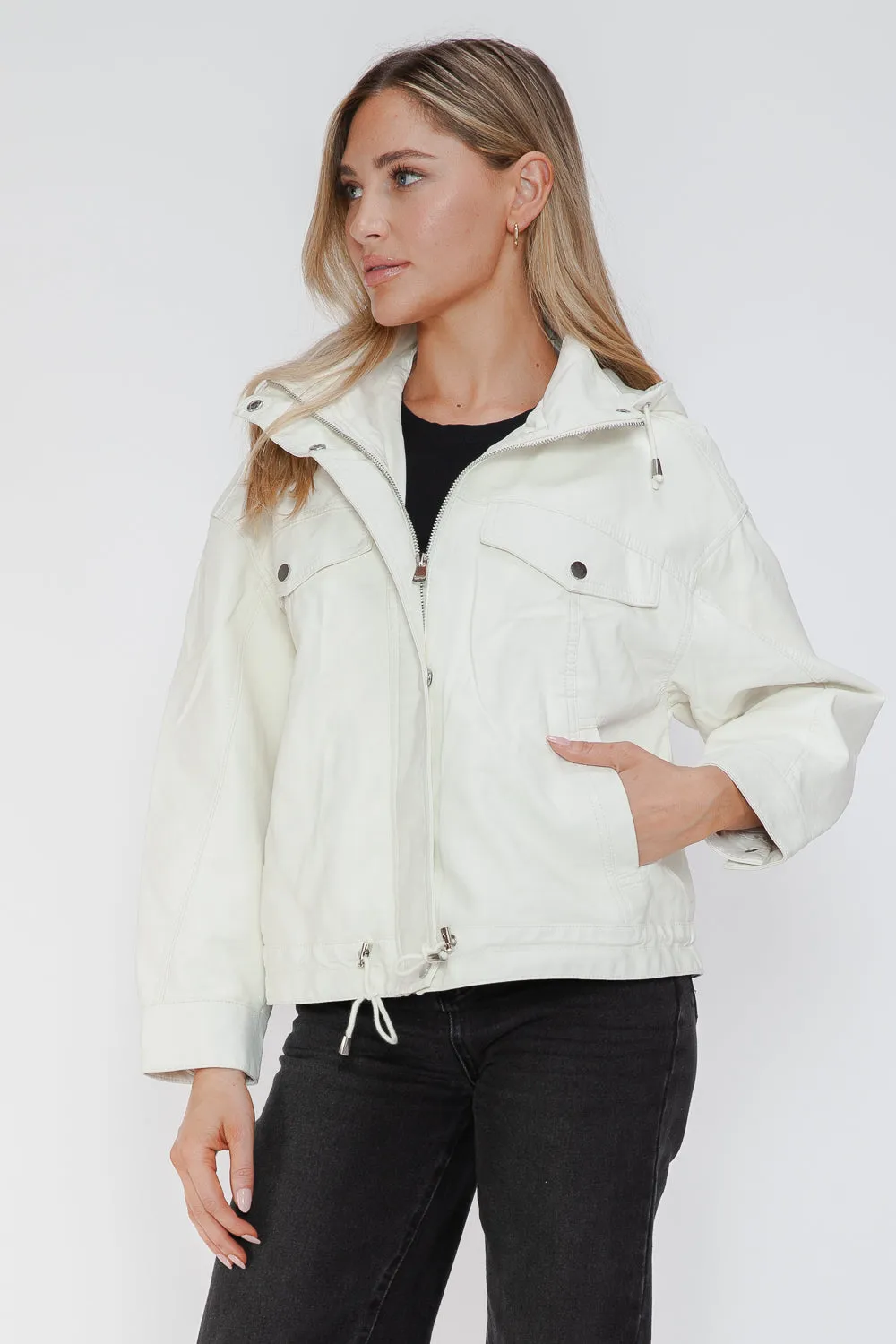 kesley How Dare U Drawstring Hem PU Leather Zip Up Jacket