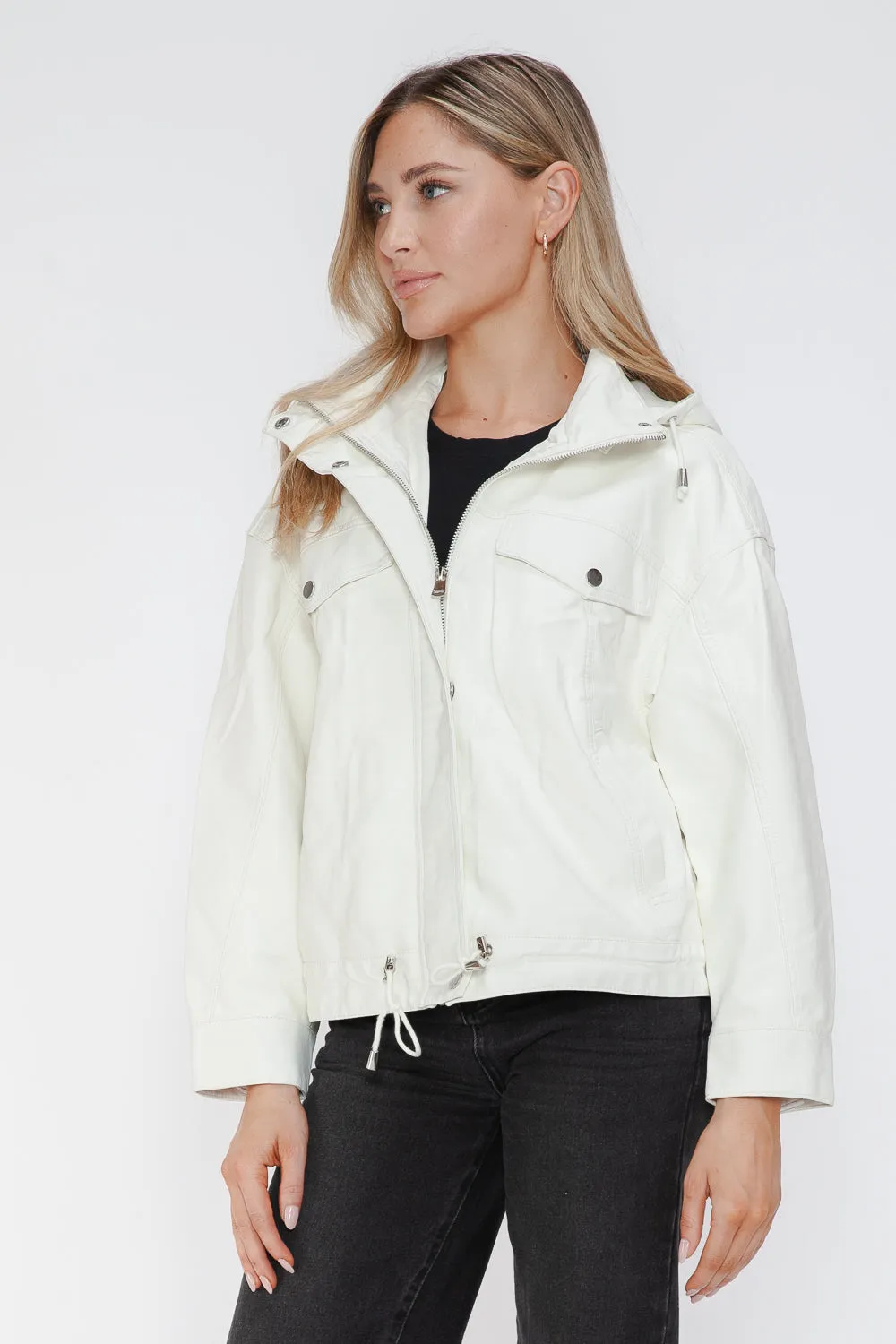 kesley How Dare U Drawstring Hem PU Leather Zip Up Jacket