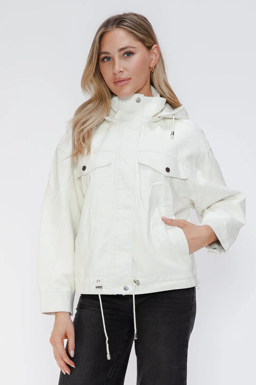 kesley How Dare U Drawstring Hem PU Leather Zip Up Jacket