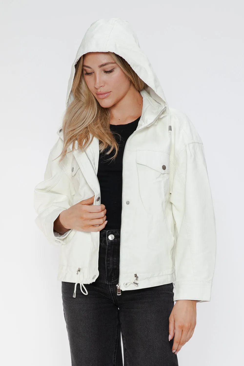 kesley How Dare U Drawstring Hem PU Leather Zip Up Jacket