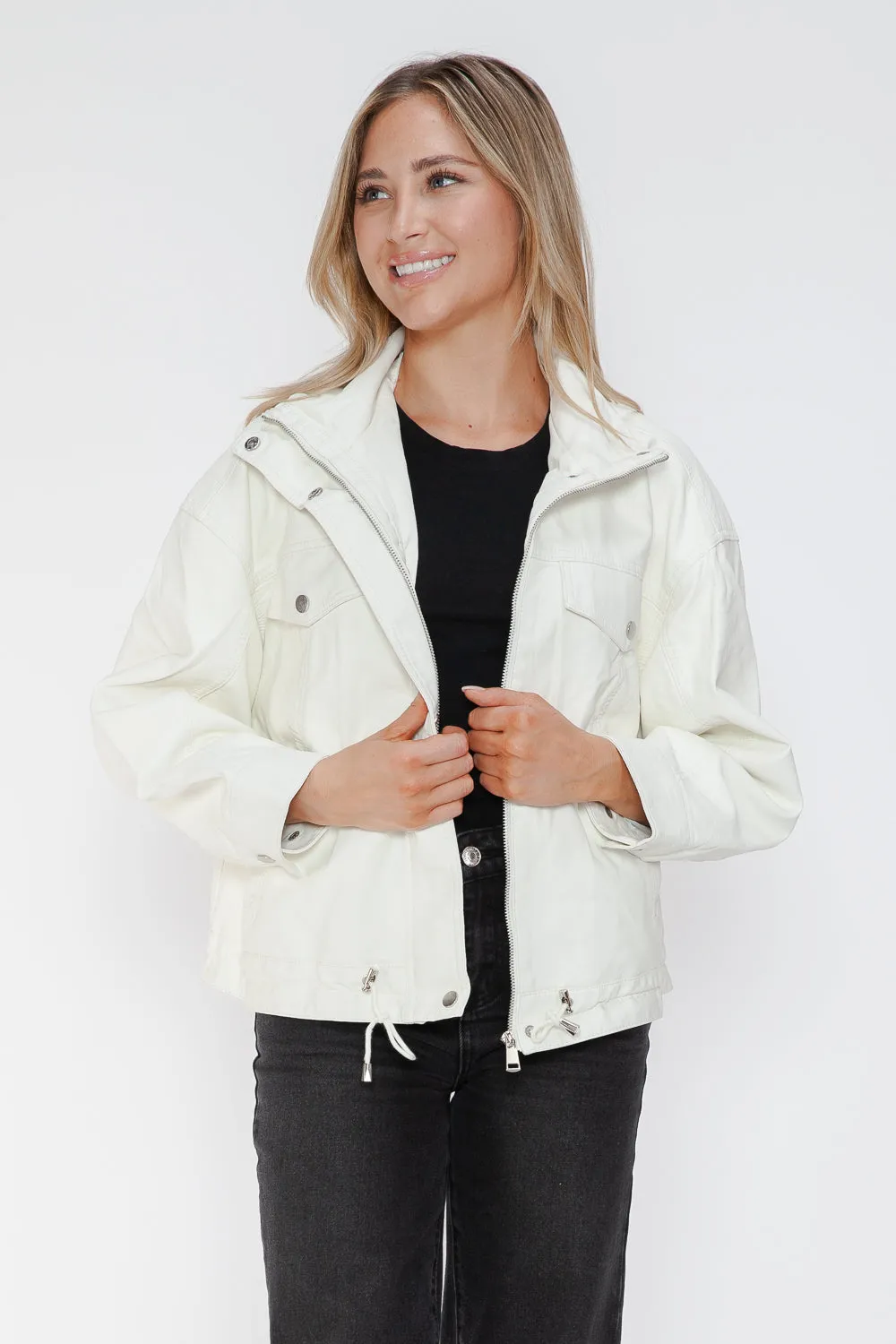 kesley How Dare U Drawstring Hem PU Leather Zip Up Jacket