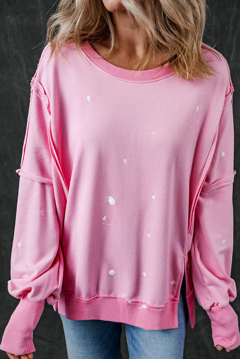 kesley Pink Sweater New Women's Fashion Exposed Seam Splatter Print Round Neck Sweatshirt