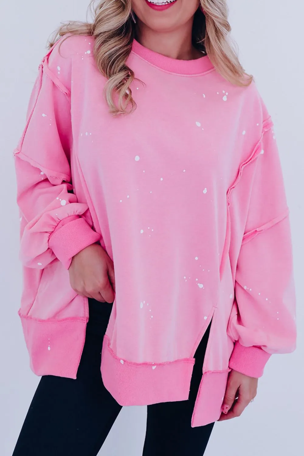 kesley Pink Sweater New Women's Fashion Exposed Seam Splatter Print Round Neck Sweatshirt