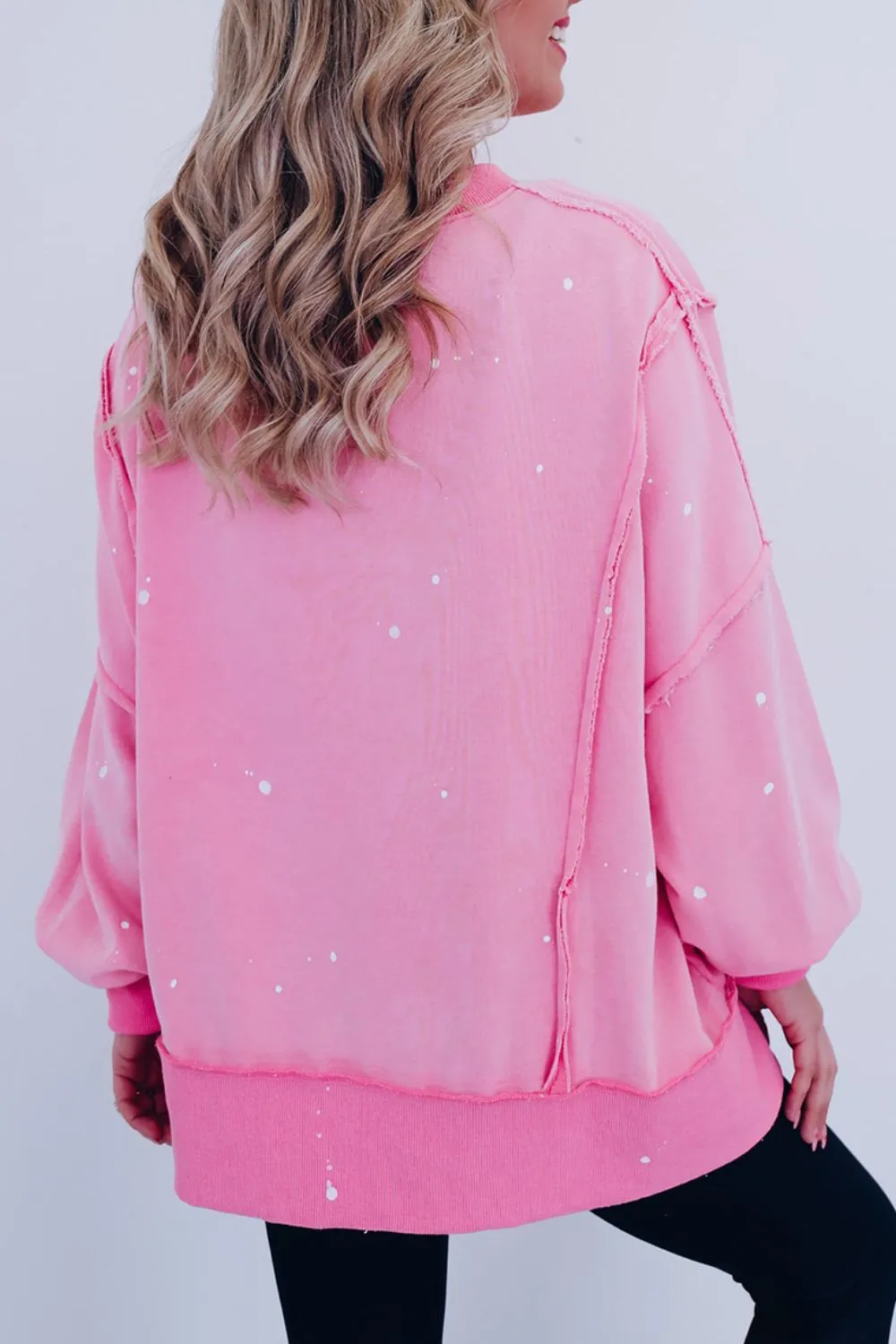 kesley Pink Sweater New Women's Fashion Exposed Seam Splatter Print Round Neck Sweatshirt