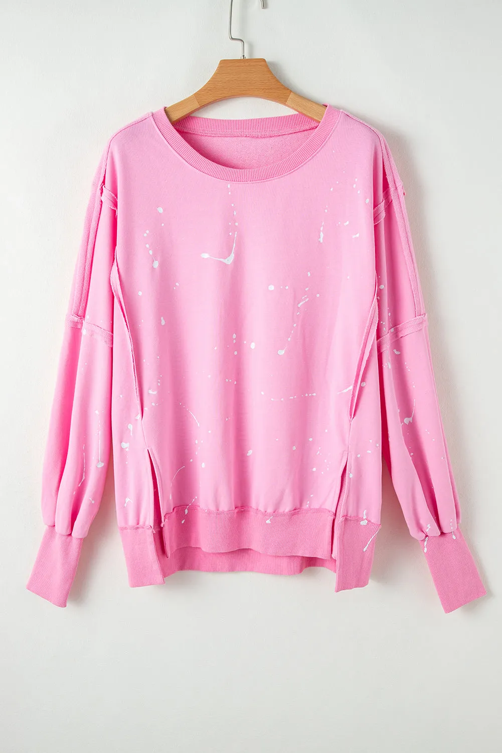 kesley Pink Sweater New Women's Fashion Exposed Seam Splatter Print Round Neck Sweatshirt