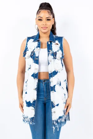 KESLEY Ripped Sleeveless Jean Jacket  Distressed Frayed Edge Longline Denim Vest