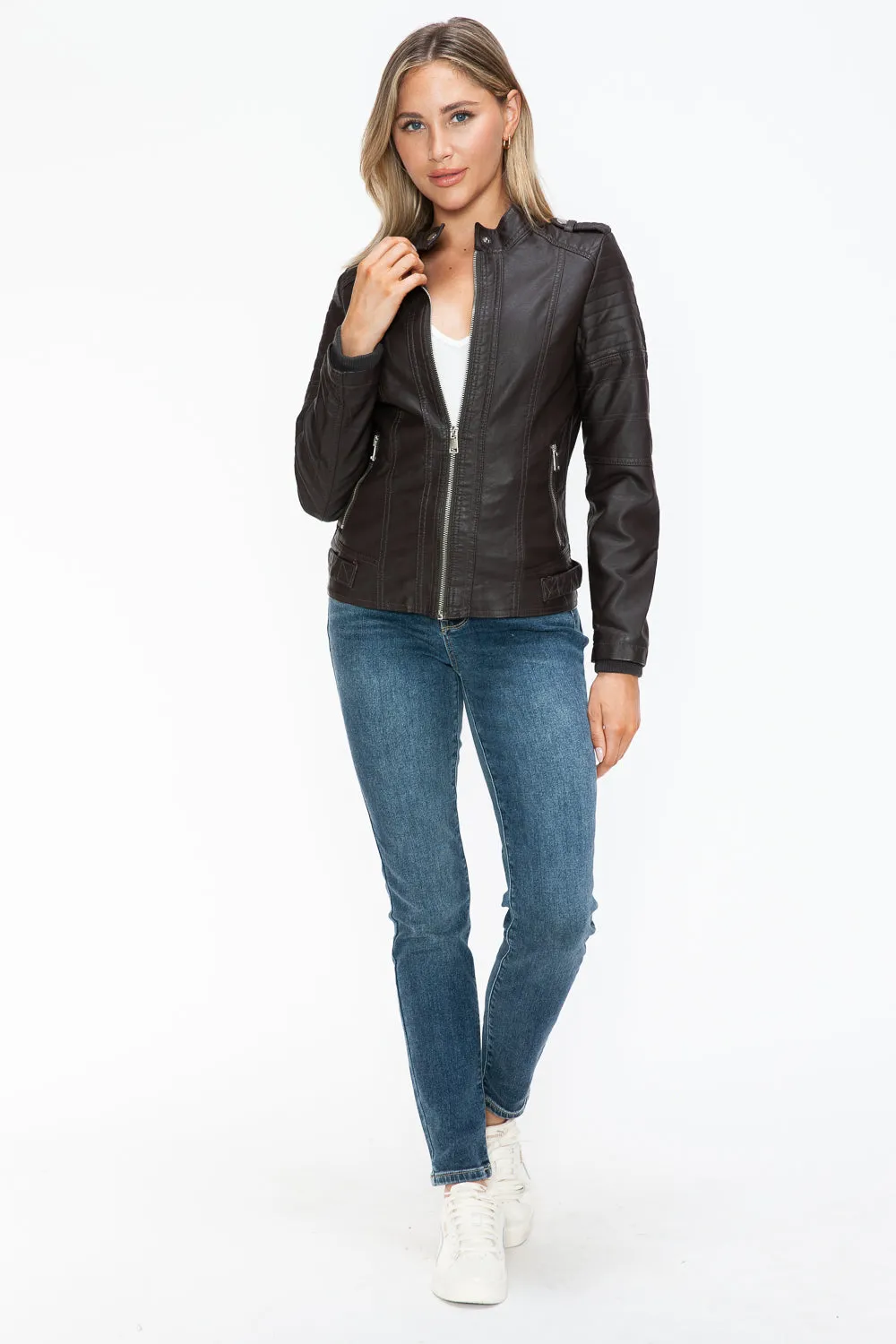 kesley Snobbish PU Leather Biker Jacket with Side Zip Pockets