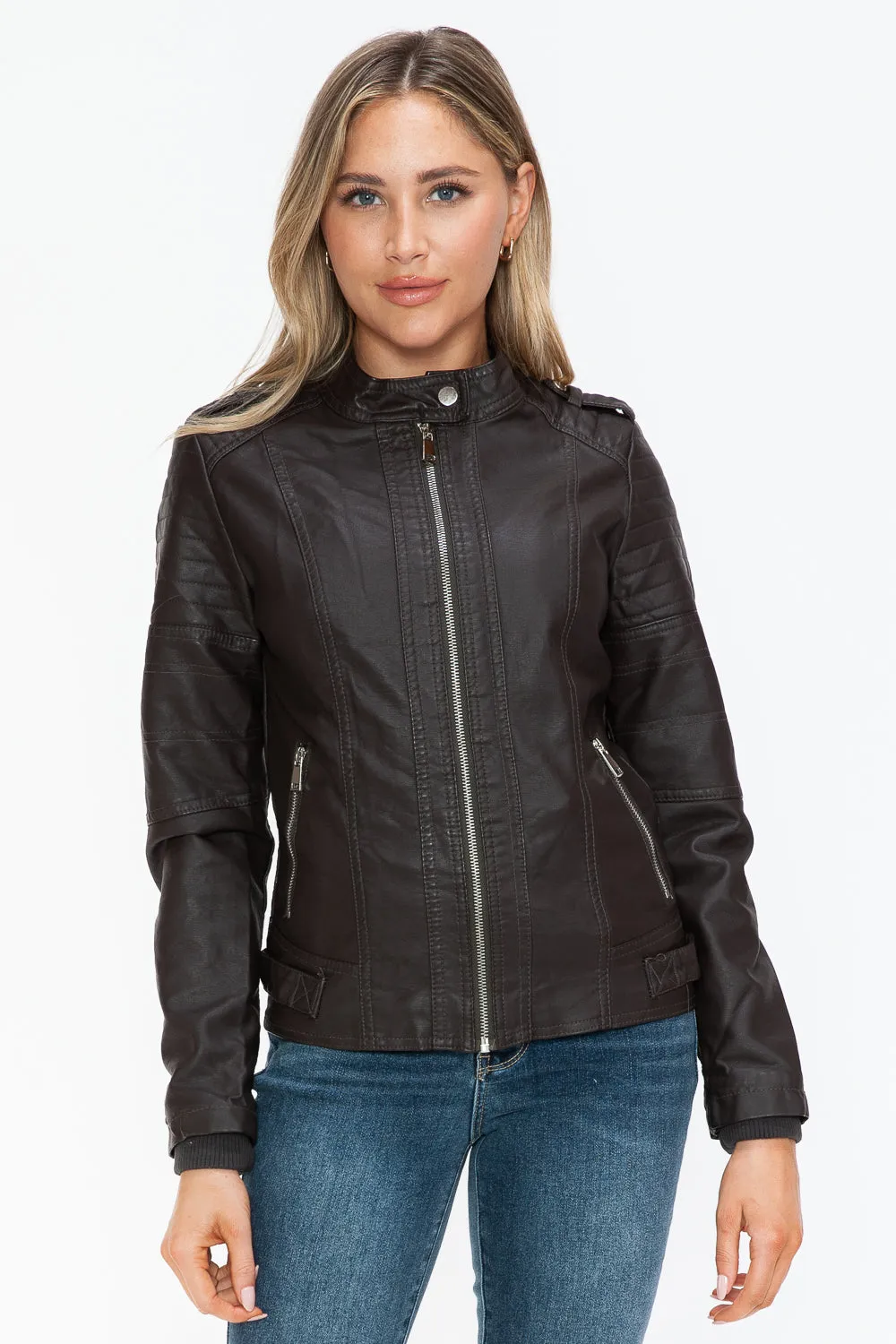 kesley Snobbish PU Leather Biker Jacket with Side Zip Pockets