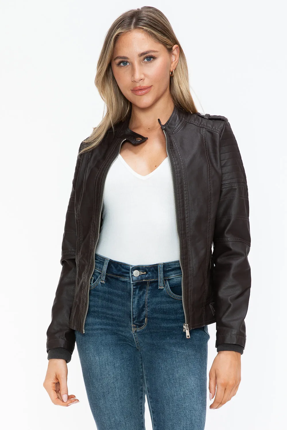 kesley Snobbish PU Leather Biker Jacket with Side Zip Pockets