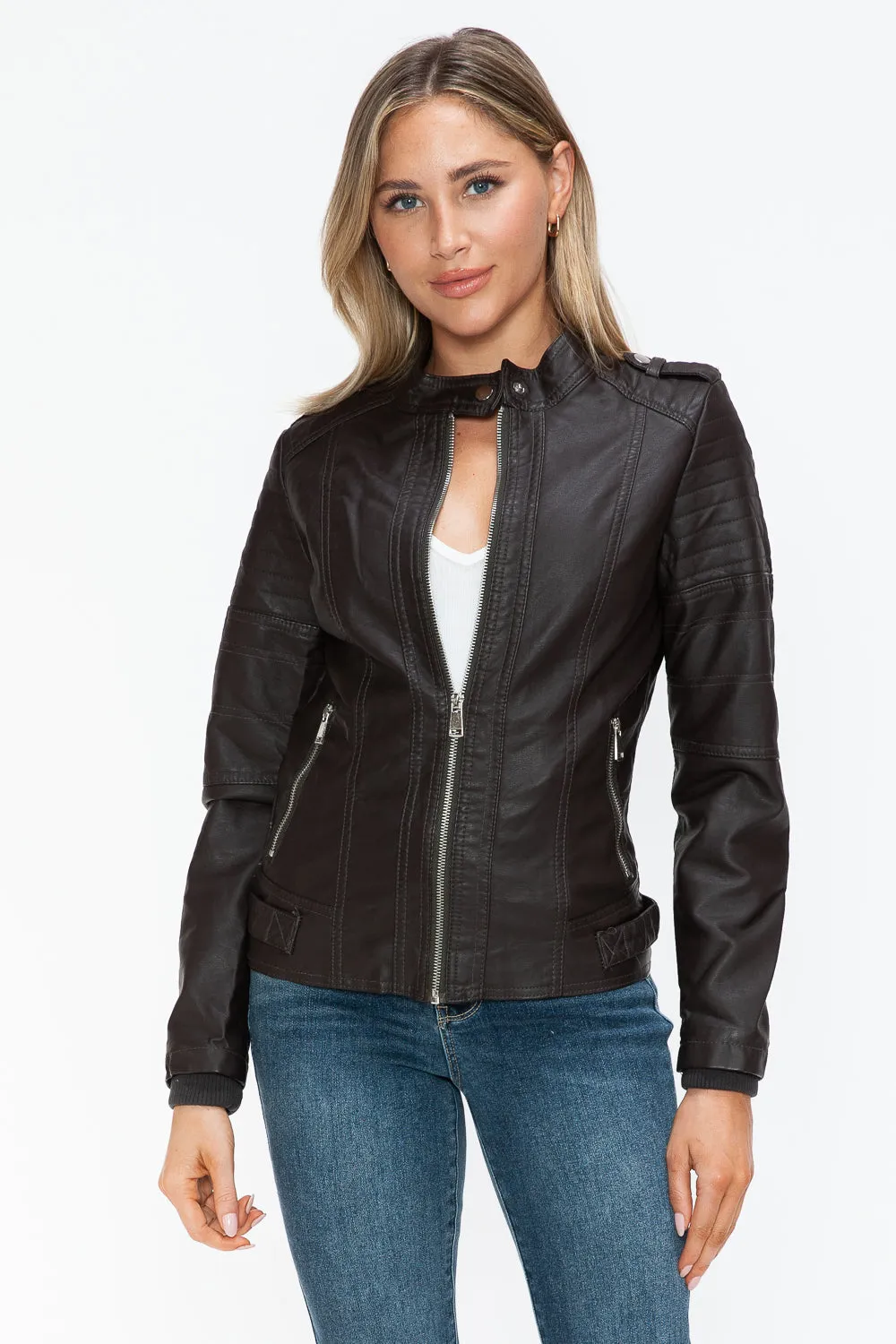 kesley Snobbish PU Leather Biker Jacket with Side Zip Pockets