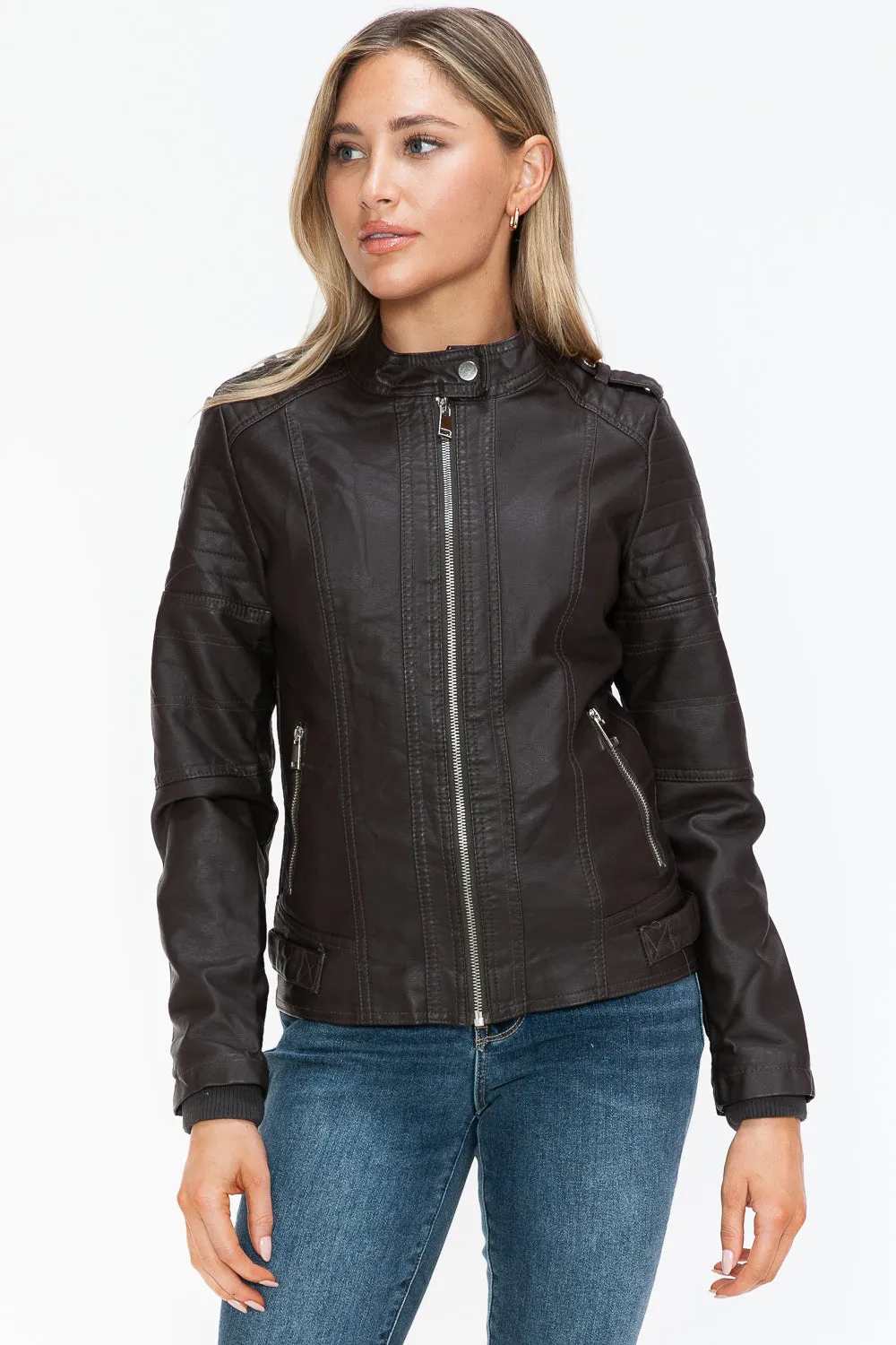 kesley Snobbish PU Leather Biker Jacket with Side Zip Pockets