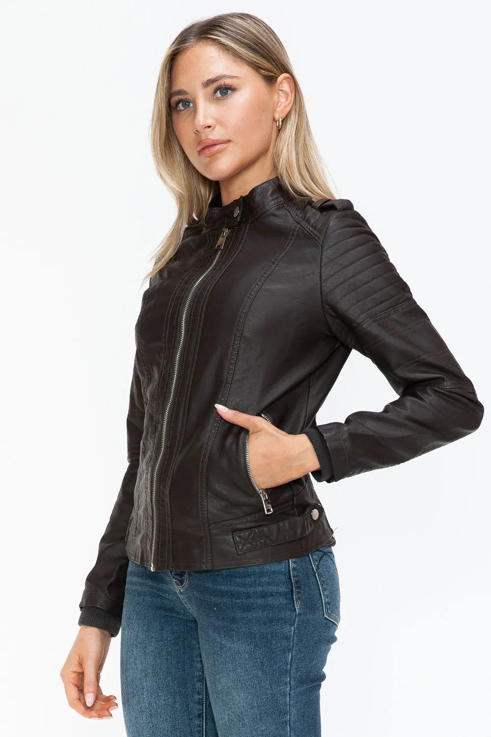 kesley Snobbish PU Leather Biker Jacket with Side Zip Pockets