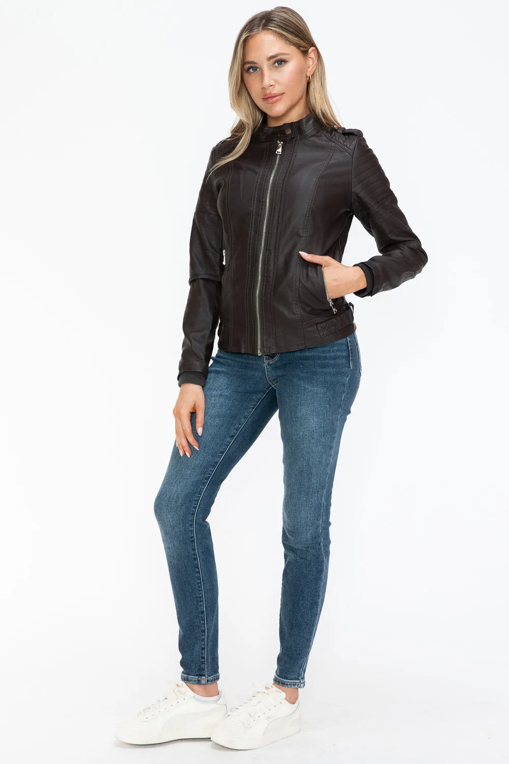 kesley Snobbish PU Leather Biker Jacket with Side Zip Pockets