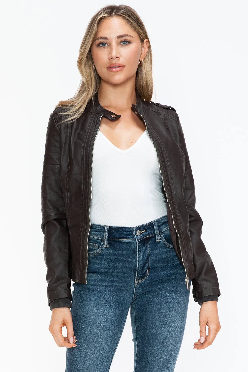 kesley Snobbish PU Leather Biker Jacket with Side Zip Pockets