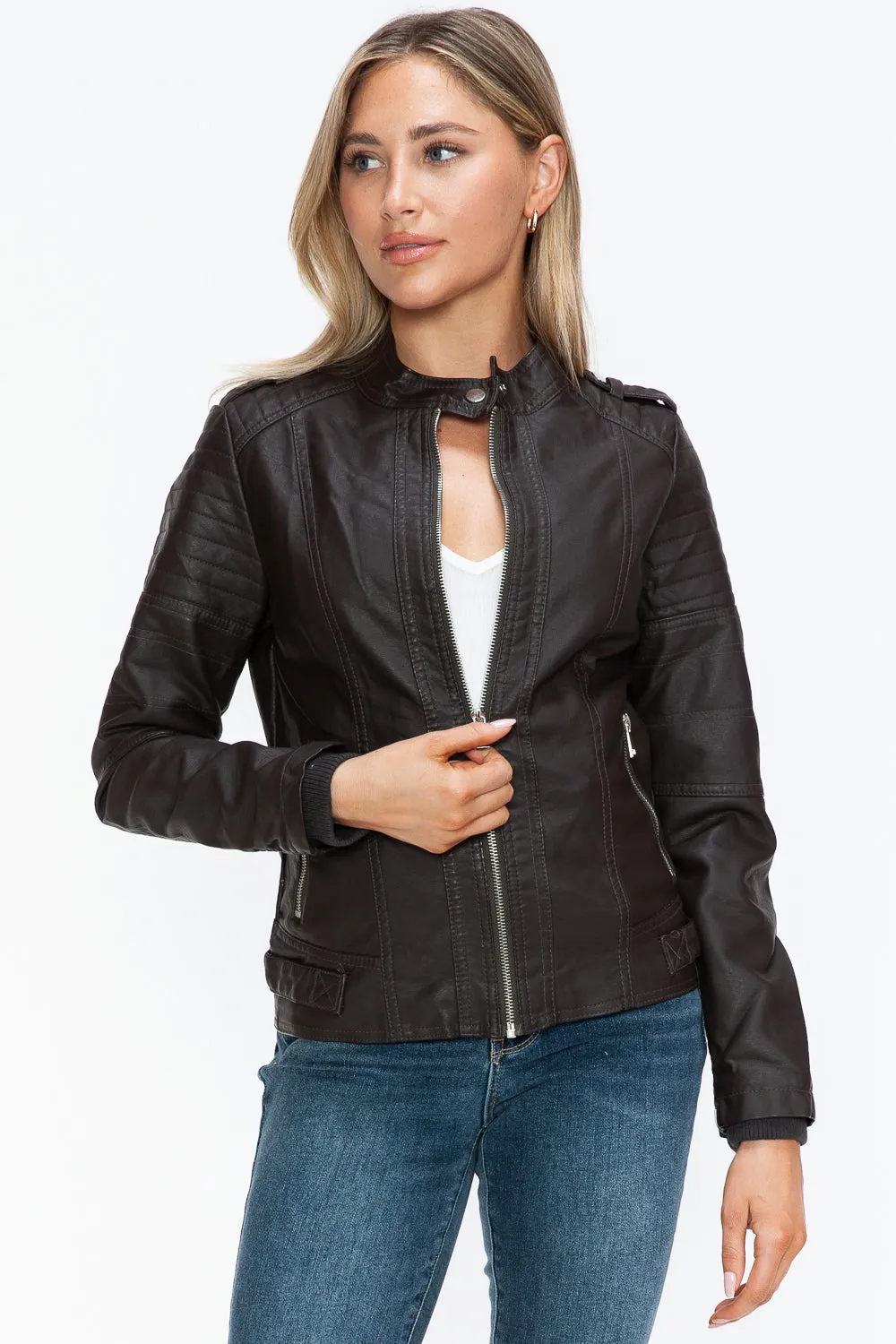 kesley Snobbish PU Leather Biker Jacket with Side Zip Pockets