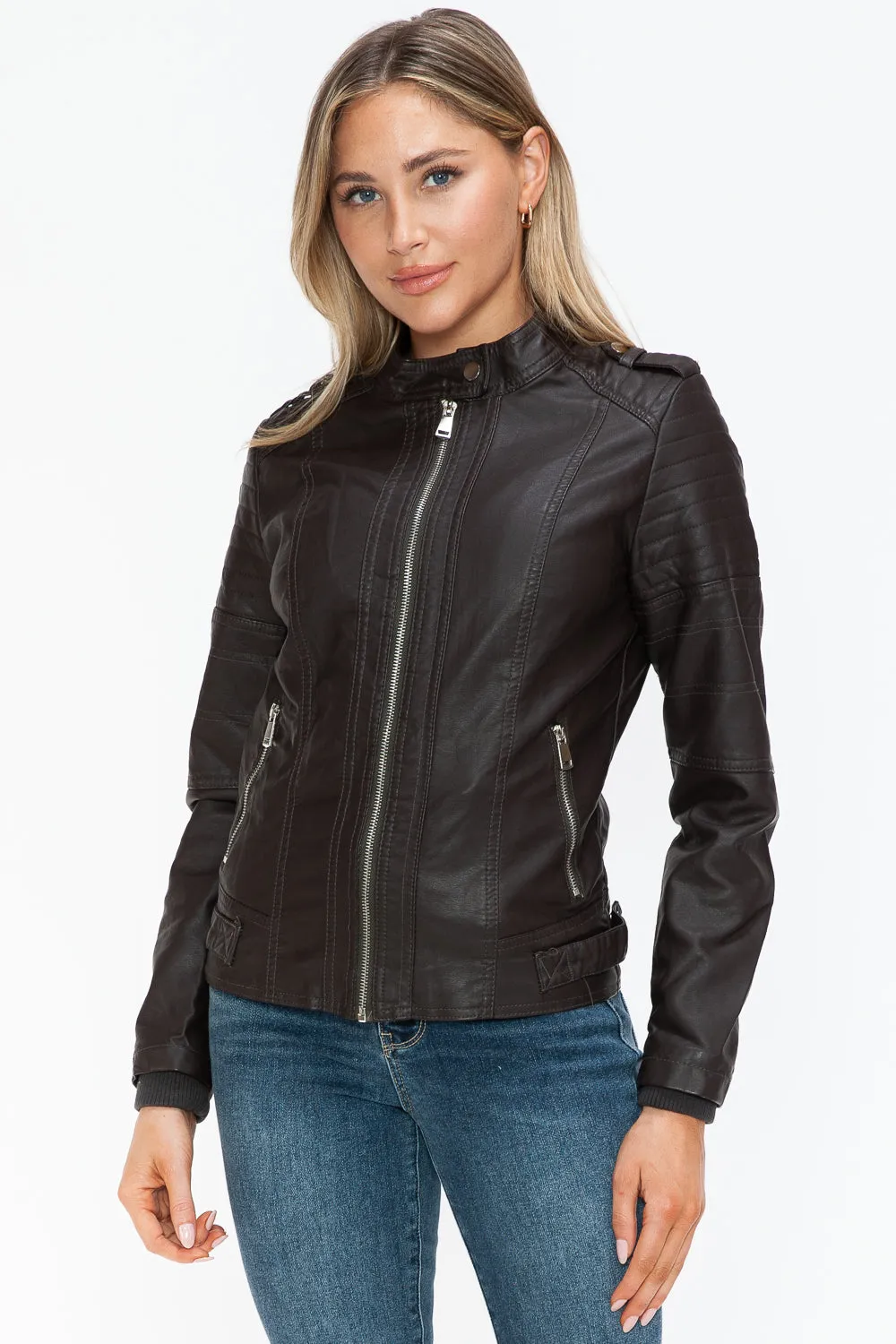 kesley Snobbish PU Leather Biker Jacket with Side Zip Pockets