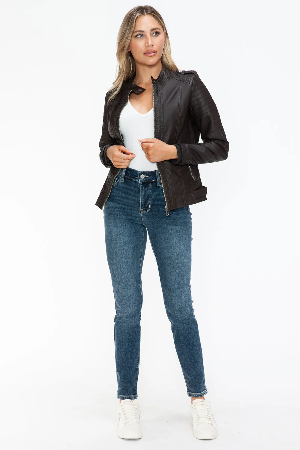 kesley Snobbish PU Leather Biker Jacket with Side Zip Pockets