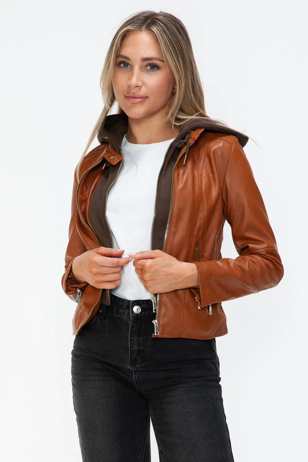 kesleySnobbish Faux Leather Zip Up Drawstring Hooded Jacket