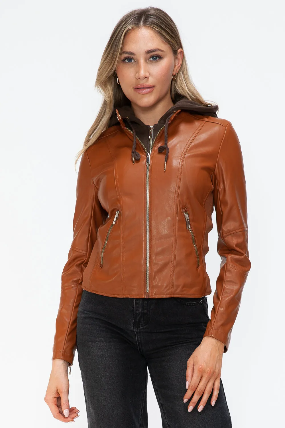 kesleySnobbish Faux Leather Zip Up Drawstring Hooded Jacket