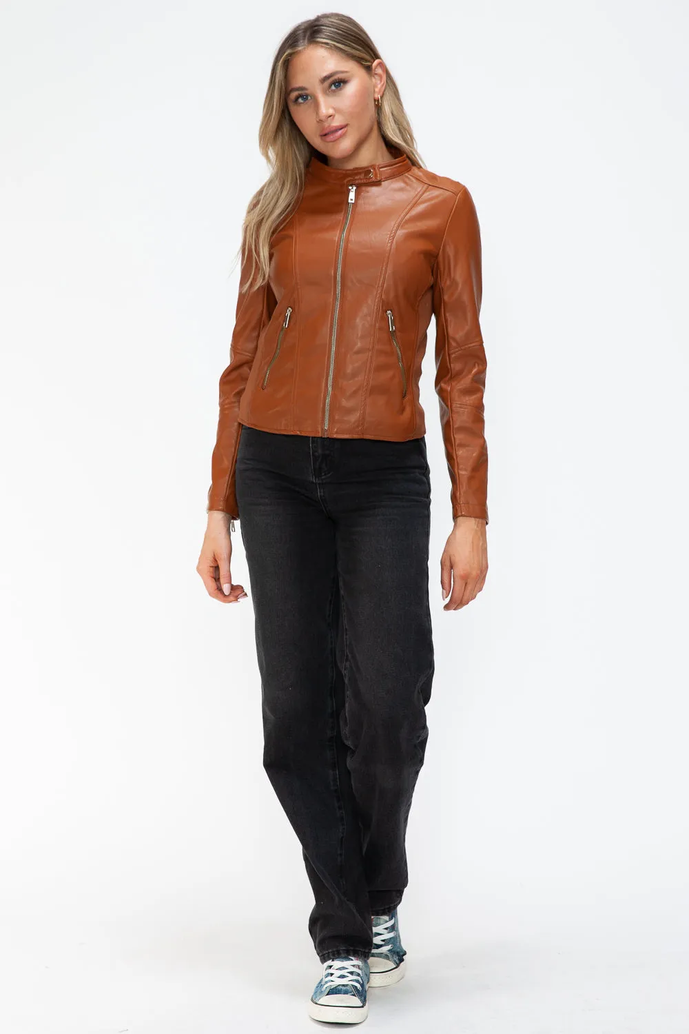 kesleySnobbish Faux Leather Zip Up Drawstring Hooded Jacket