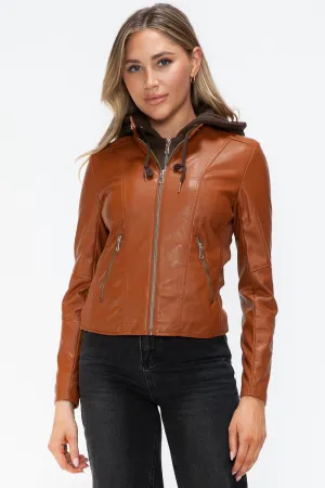 kesleySnobbish Faux Leather Zip Up Drawstring Hooded Jacket