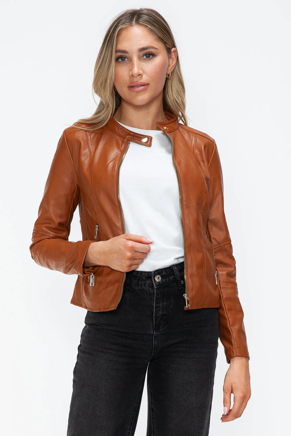 kesleySnobbish Faux Leather Zip Up Drawstring Hooded Jacket