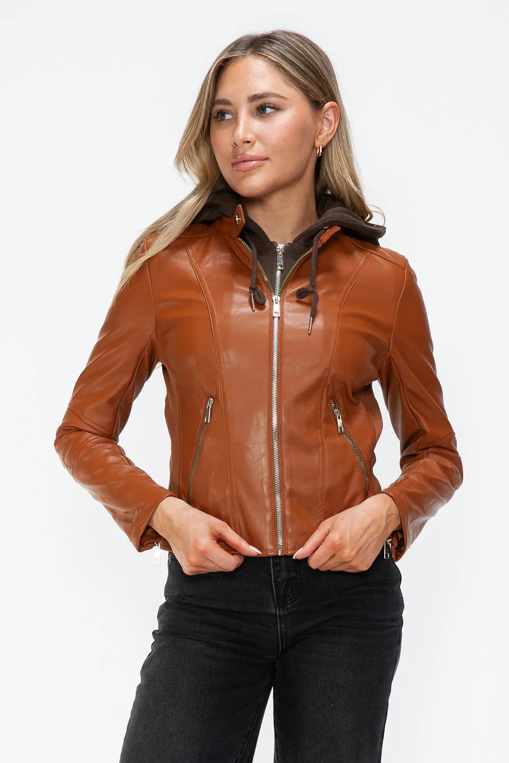 kesleySnobbish Faux Leather Zip Up Drawstring Hooded Jacket