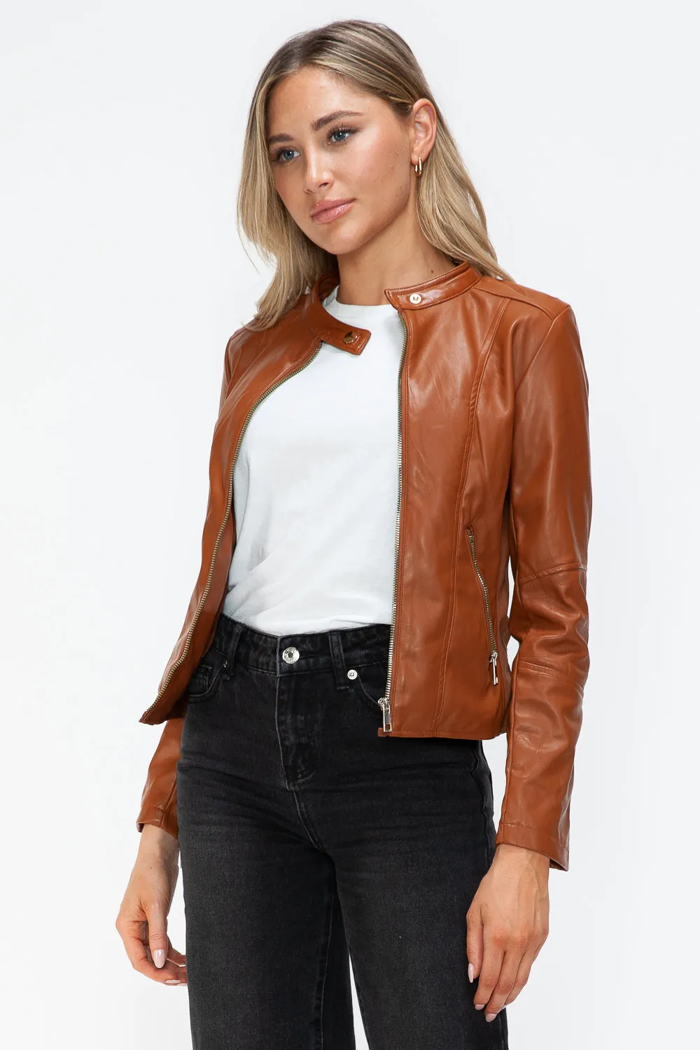 kesleySnobbish Faux Leather Zip Up Drawstring Hooded Jacket