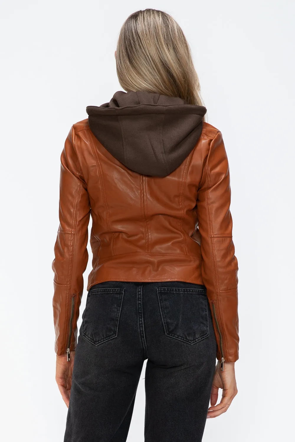 kesleySnobbish Faux Leather Zip Up Drawstring Hooded Jacket