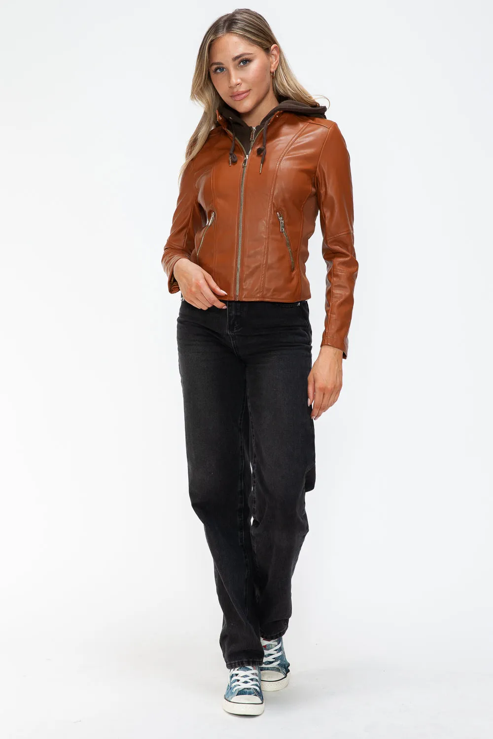 kesleySnobbish Faux Leather Zip Up Drawstring Hooded Jacket