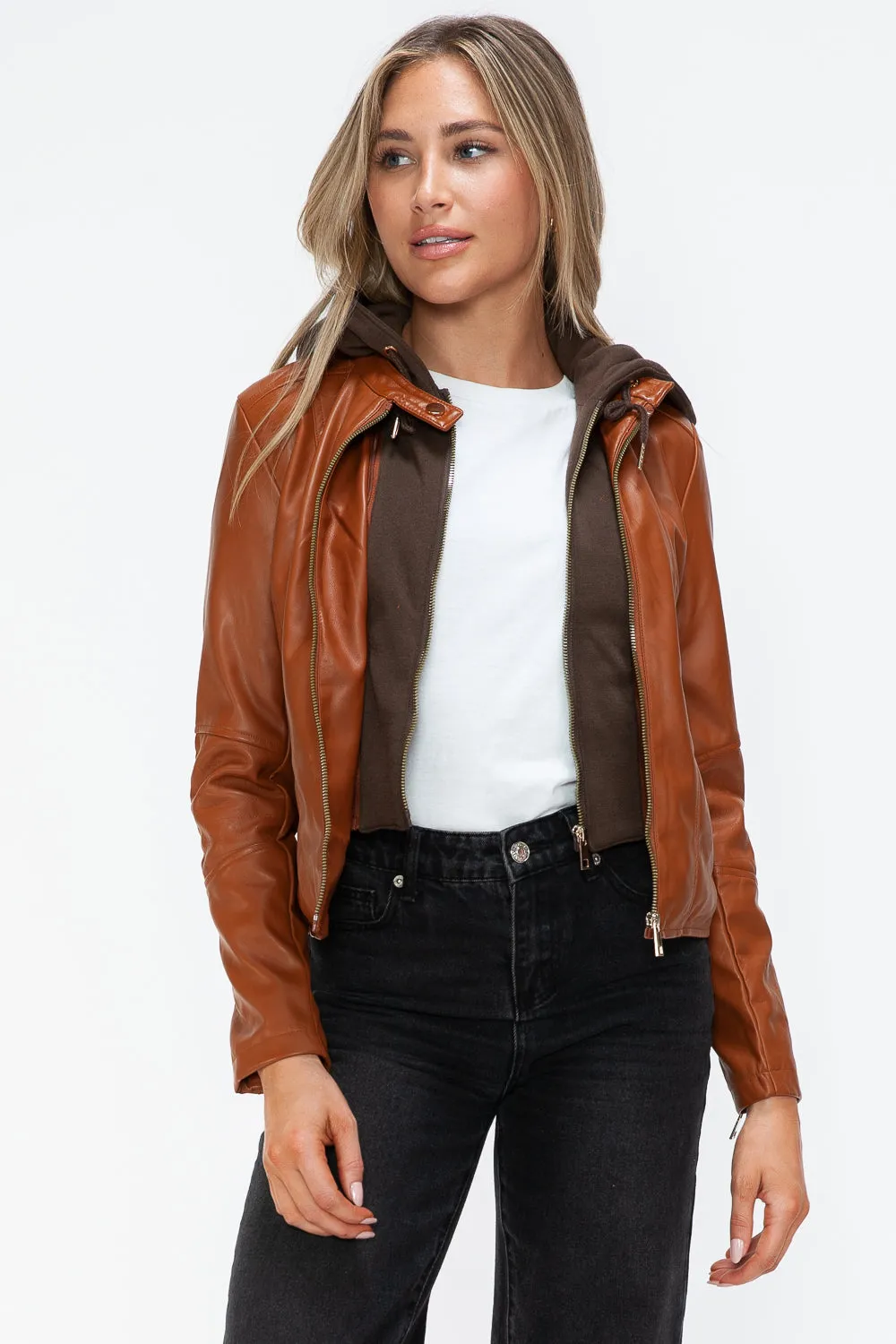 kesleySnobbish Faux Leather Zip Up Drawstring Hooded Jacket