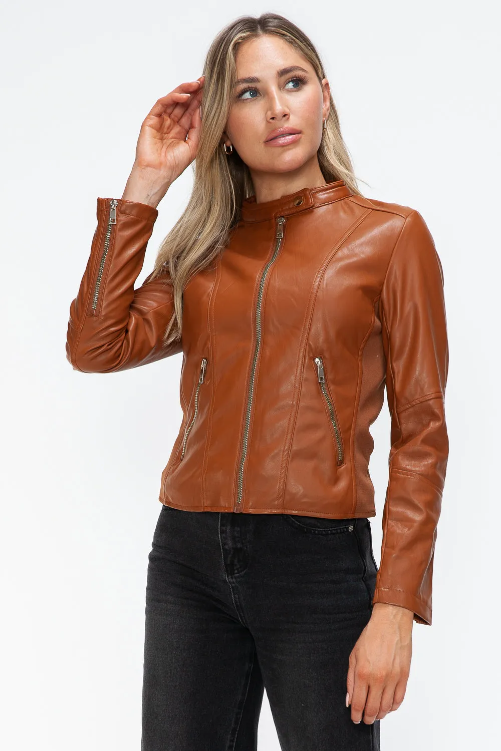 kesleySnobbish Faux Leather Zip Up Drawstring Hooded Jacket