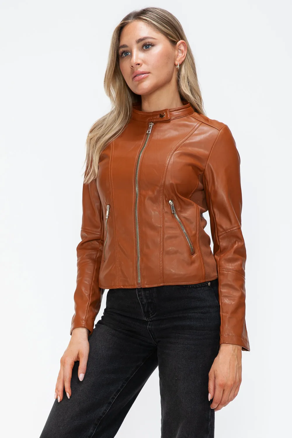 kesleySnobbish Faux Leather Zip Up Drawstring Hooded Jacket