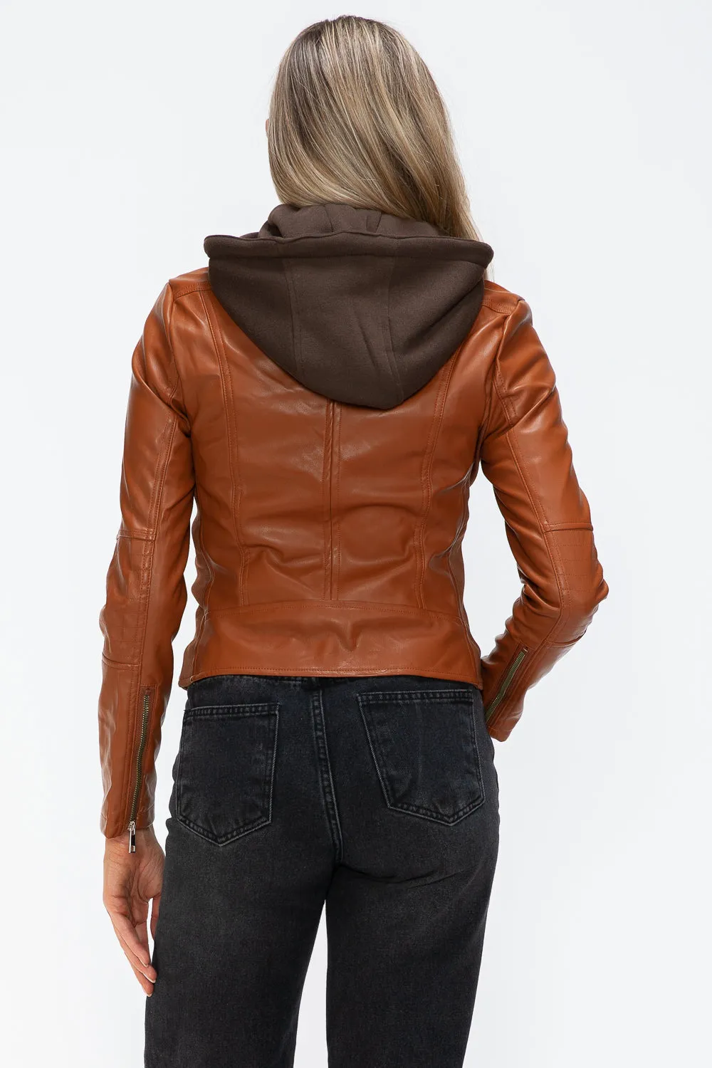 kesleySnobbish Faux Leather Zip Up Drawstring Hooded Jacket