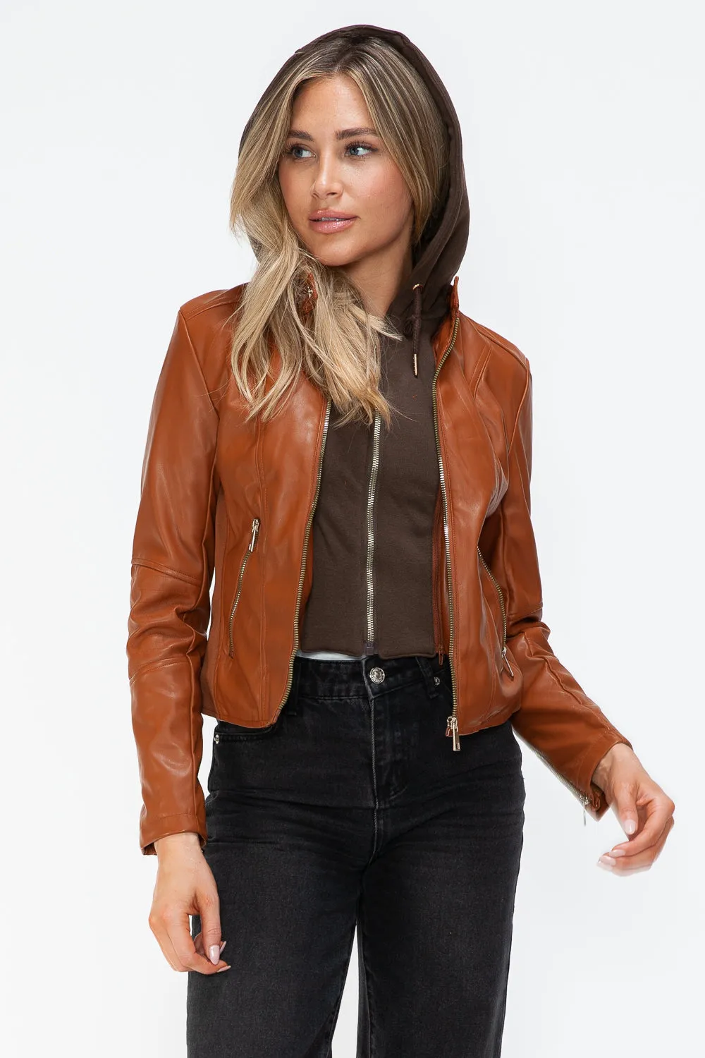 kesleySnobbish Faux Leather Zip Up Drawstring Hooded Jacket